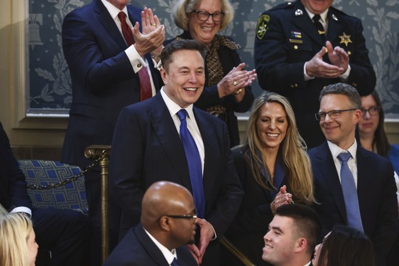 epa11941242 Businessman Elon Musk (C) attends US President Donald Trump?s address to a joint session of the United States Congress in the House Chamber of the US Capitol in Washington, DC, USA, 04 Mar ...
