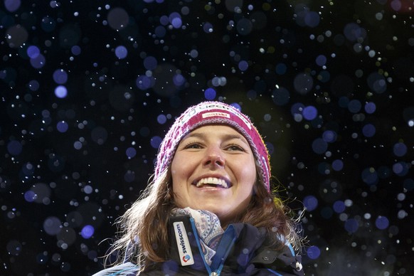 Gold medalist Wendy Holdener of Switzerland looks on during the women alpine combined winner's presentation at the 2017 FIS Alpine Skiing World Championships in St. Moritz, Switzerland, Friday, F ...