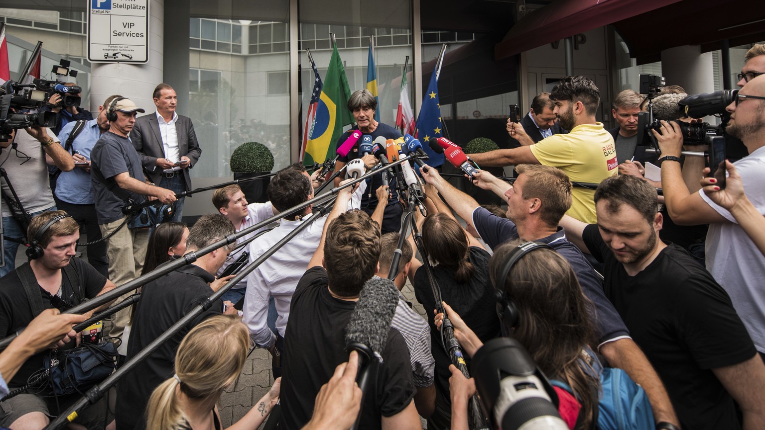 Germany&#039;s manager Joachim Loew attends a press conference the airport in Frankfurt, Germany, Thursday, June 28, 2018, one day after the German team was eliminated from the soccer World Cup in Rus ...