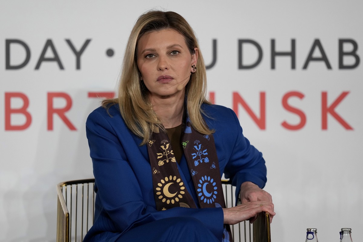 Olena Zelenska, First Lady of Ukraine talks during the International Women's Day in Abu Dhabi, United Arab Emirates, Wednesday, March 8, 2023. (AP Photo/Kamran Jebreili)