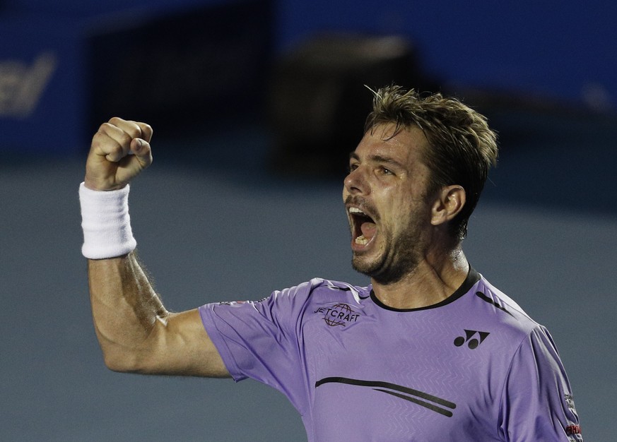 Stan Wawrinka of Switzerland shouts as he wins a hard-fought first set against Steve Johnson of the U.S., at a Mexican Tennis Open round 2 match in Acapulco, Mexico, Wednesday, Feb. 27, 2019. (AP Phot ...