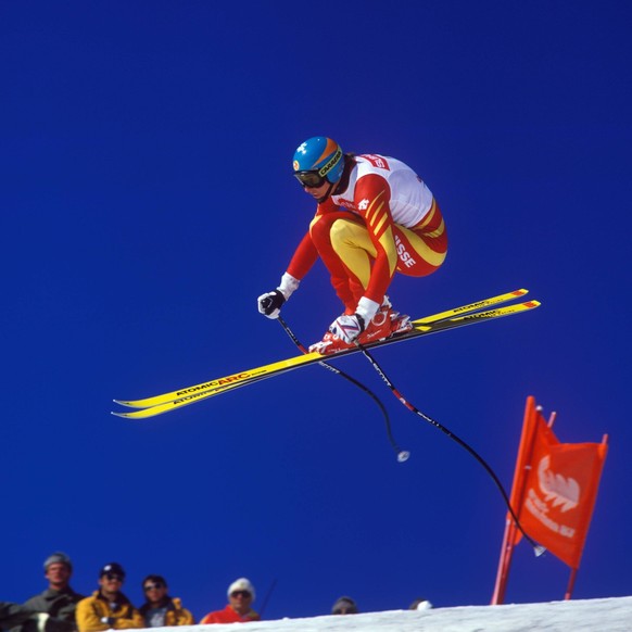 Bildnummer: 15252827 Datum: 31.01.1987 Copyright: imago/Pressefoto Baumann Ski Alpin WM in Crans Montana, Abfahrt: Franz Heinzer (Schweiz) beim Sprung; Reg300102 Ski Alpin WM 1987 Crans Montana xdp yp ...
