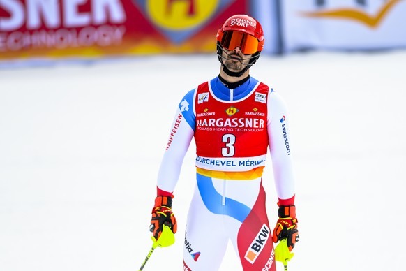 Loic Meillard of Switzerland reacts in the finish area during the second run of the men&#039;s Slalom race at the FIS Alpine Skiing World Cup finals in Meribel, France, Sunday, March 20, 2022. (KEYSTO ...