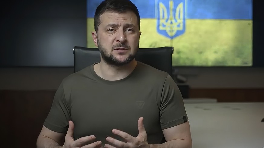 In this image from video provided by the Ukrainian Presidential Press Office, Ukrainian President Volodymyr Zelenskyy speaks from Kyiv, Ukraine, Friday, April 15, 2022. (Ukrainian Presidential Press O ...