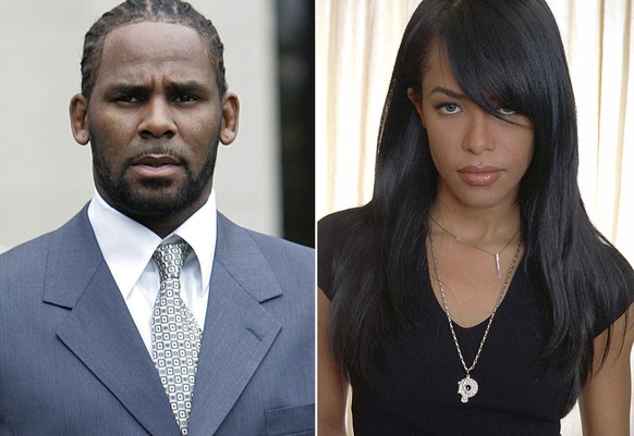 This combination photo shows singer R. Kelly after the first day of jury selection in his child pornography trial at the Cook County Criminal Courthouse in Chicago on May 9, 2008, left, the late R&amp ...