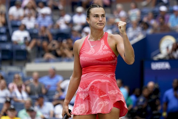Aryna Sabalenka, from Belarus, reacts after beating Zheng Qinwen, from China, in the quarterfinals of the US Open tennis championships, Wednesday, September 6, 2023, in New York.  (AP Photo/Seth Little)