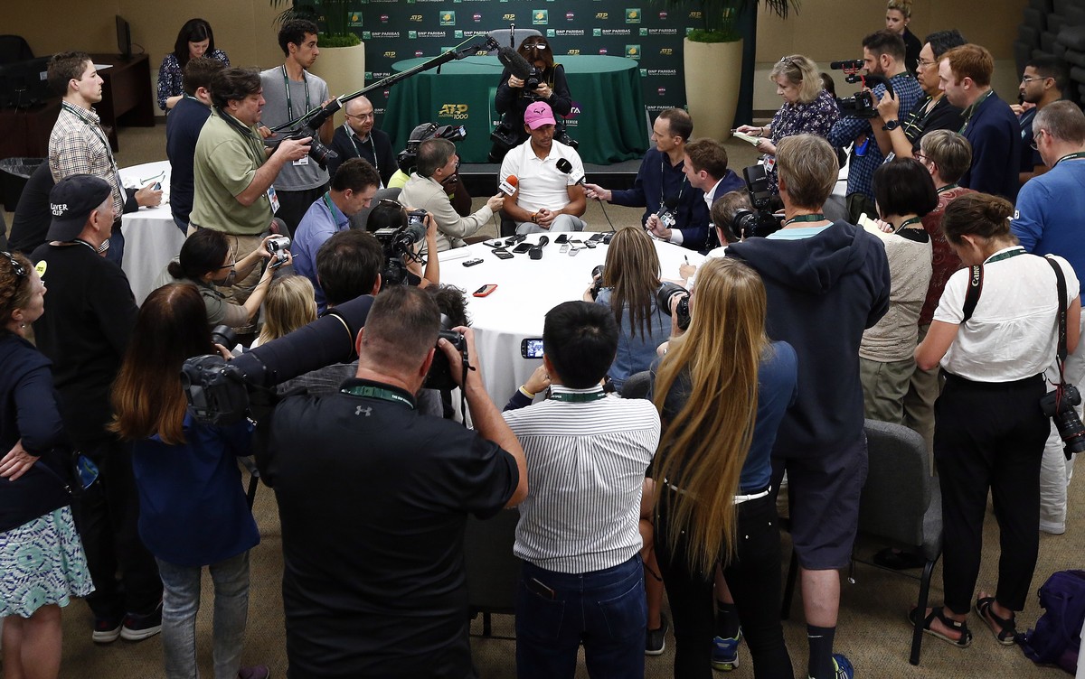 epa07418563 Rafael Nadal (C, top) of Spain speaks during the BNP Paribas Open Media Day round table at the Indian Well Tennis Garden in Indian Wells, California, USA, 06 March 2019. The men's and ...