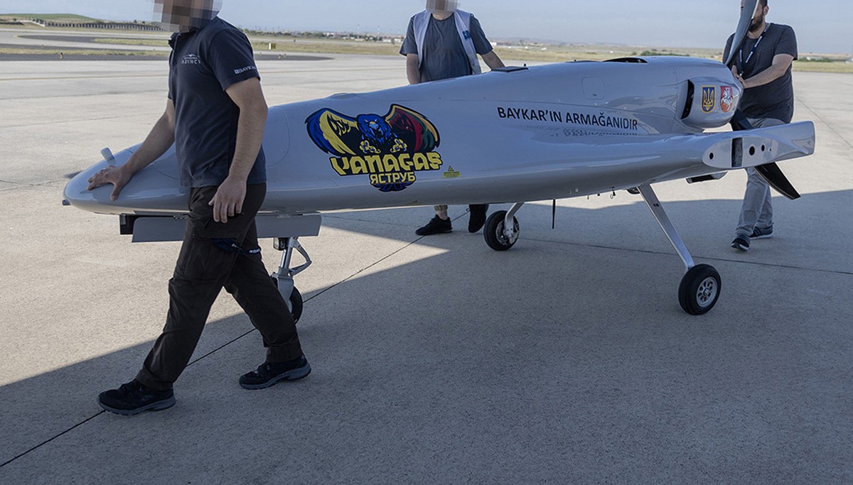 FILE - A Turkish-made Bayraktar TB2 is a medium-altitude long-endurance (MALE) unmanned combat aerial vehicle (UCAV), drone capable of remotely controlled or autonomous flight operations is seen at th ...