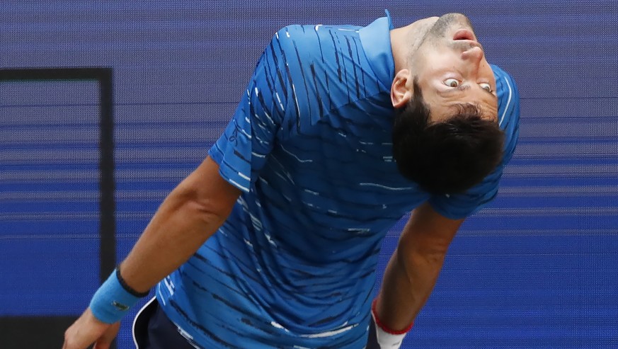 epaselect epa07795889 Novak Djokovic of Serbia reacts as he plays Roberto Carballes Baena of Spain during their match on the first day of the US Open Tennis Championships the USTA National Tennis Cent ...