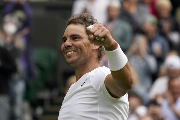 Spain&#039;s Rafael Nadal celebrates after winning against Argentina&#039;s Francisco Cerundolo in a first round men&#039;s singles match on day two of the Wimbledon tennis championships in London, Tu ...