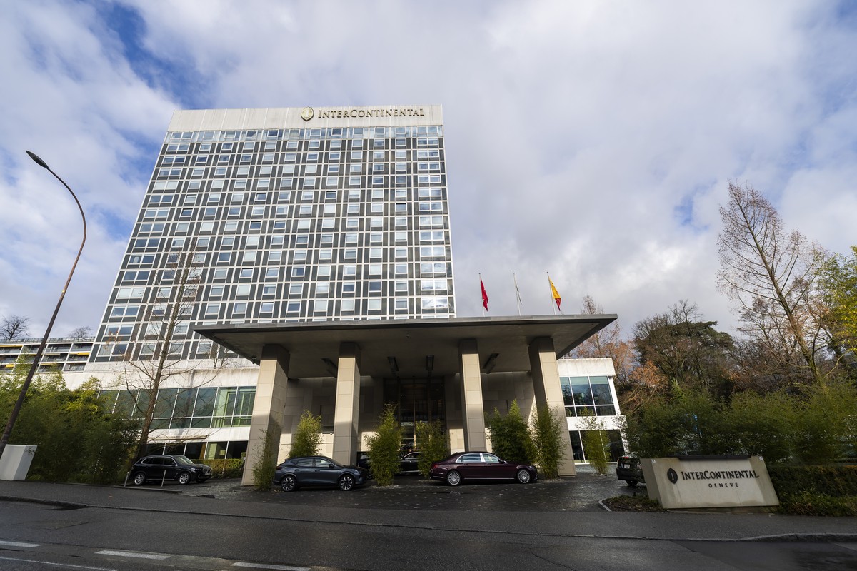 The Intercontinental Hotel during, in Geneva, Switzerland, Sunday, February 16, 2026. The United States, Ukraine Russia are meeting in Geneva to discuss peace plan aimed at ending the war. (KEYSTONE/C ...