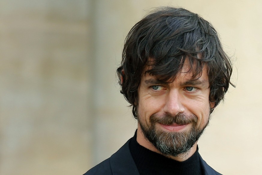 FILE - In this June 7, 2019, file photo, Twitter CEO Jack Dorsey leaves after his talk with French President Emmanuel Macron at the Elysee Palace in Paris. Twitter shares rose Monday, March 2, 2020, f ...