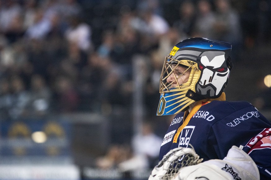 Zugs Torhueter Leonardo Genoni beim Eishockey Meisterschaftsspiel der National League zwischen dem EV Zug und dem Lausanne HC, am Dienstag, 17. September 2019 in der Bossard Arena in Zug. (KEYSTONE/Al ...