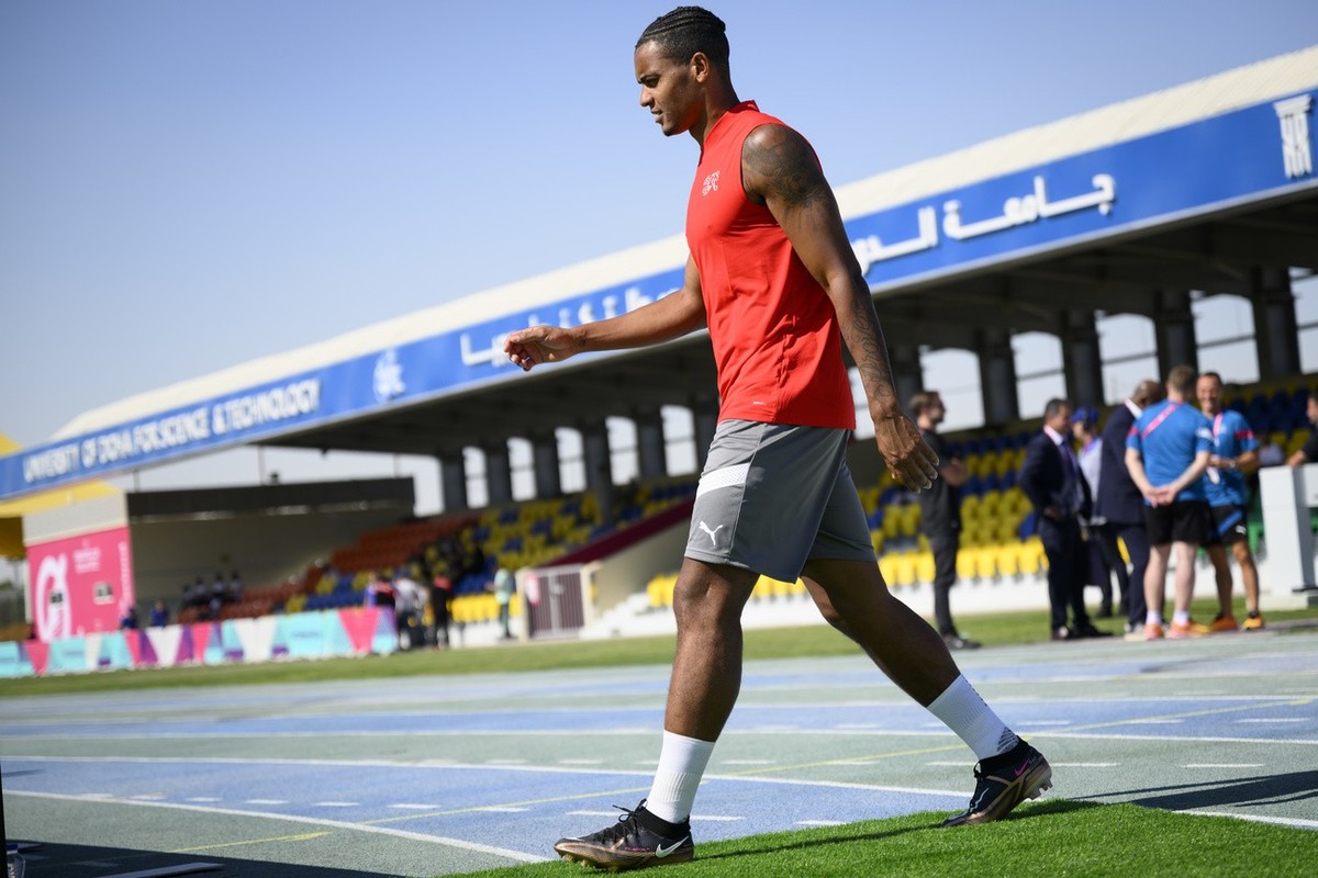 Switzerland's defender Manuel Akanji attends a closed training session of Swiss national soccer team on the eve of the FIFA World Cup Qatar 2022 soccer match against Cameroon at the University of ...