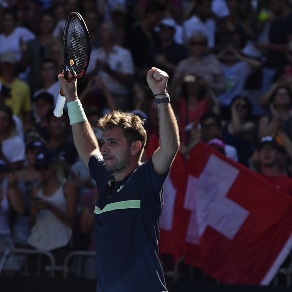 Switzerland&#039;s Stan Wawrinka celebrates win over Lithuania&#039;s Ricardas Berankis during their first round match at the Australian Open tennis championships in Melbourne, Australia, Tuesday, Jan ...
