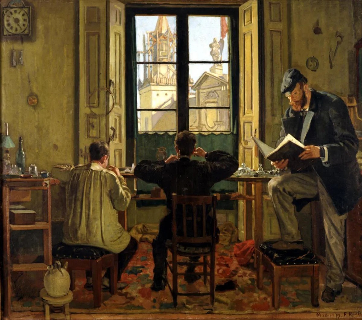 «L’atelier d’horloger à Madrid», peint par Hodler en 1879.
https://www.bundessammlungen.ch/en/collection/item/17620/