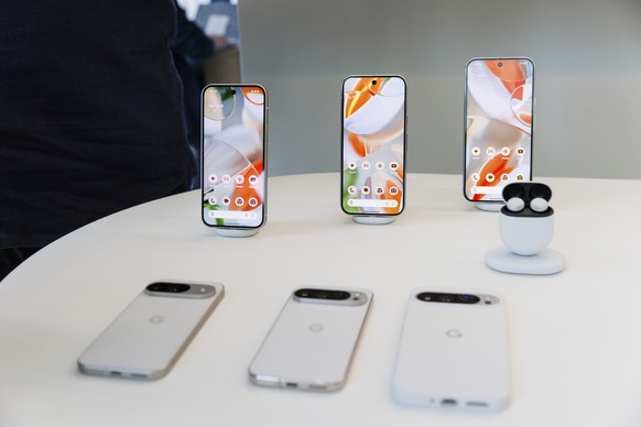 New Google Pixel phones on display at Made By Google at Google on Tuesday, Aug. 13, 2024, in Mountain View, Calif. (AP Photo/Juliana Yamada)
