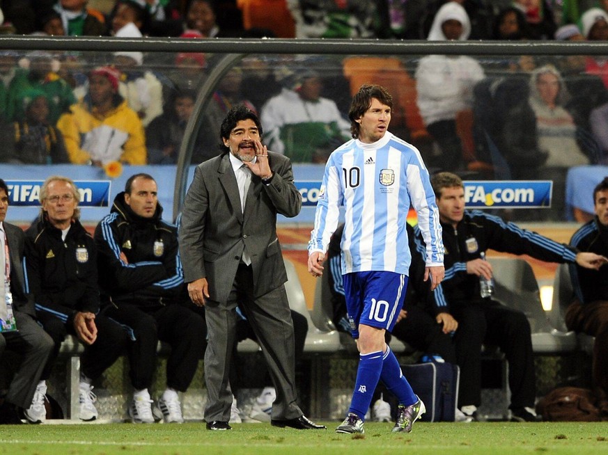 Mandatory Credit: Photo by Back Page Images/Shutterstock 1200144g Argentina Manager Diego Maradona shouts to Lionel Messi Argentina v Mexico, 2010 FIFA World Cup, WM, Weltmeisterschaft, Fussball footb ...