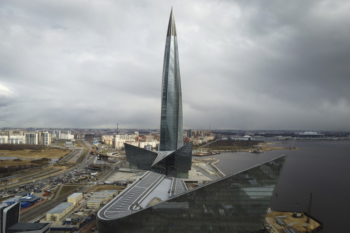 FILE - A view of the business tower Lakhta Centre, the headquarters of Russian gas monopoly Gazprom in St. Petersburg, Russia, Wednesday, April 27, 2022. Russia has halted natural gas exports to neigh ...
