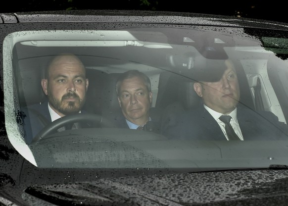 Brexit Party leader Nigel Farage, centre, arrives at Winfield House, the residence of the Ambassador of the United States of America to the UK Woody Johnson, in Regent&#039;s Park, London, Tuesday Jun ...