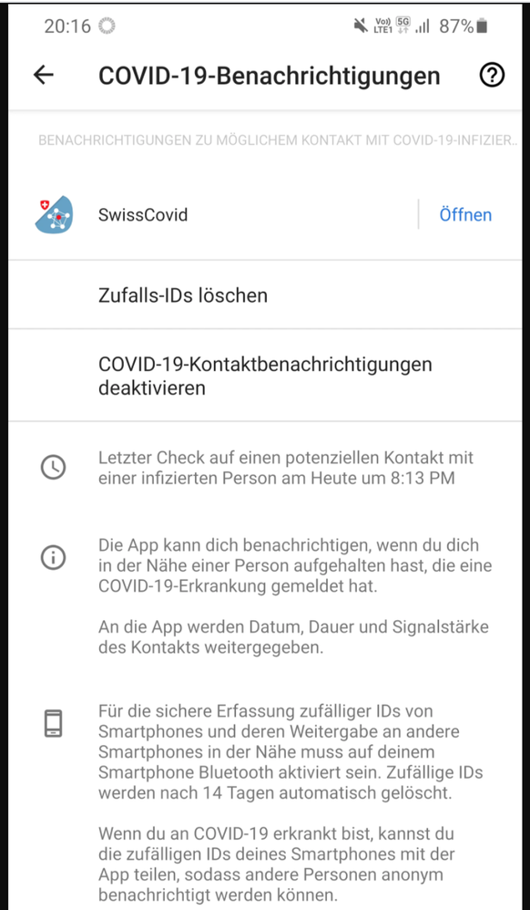 Die Android-Version der SwissCovid-App.