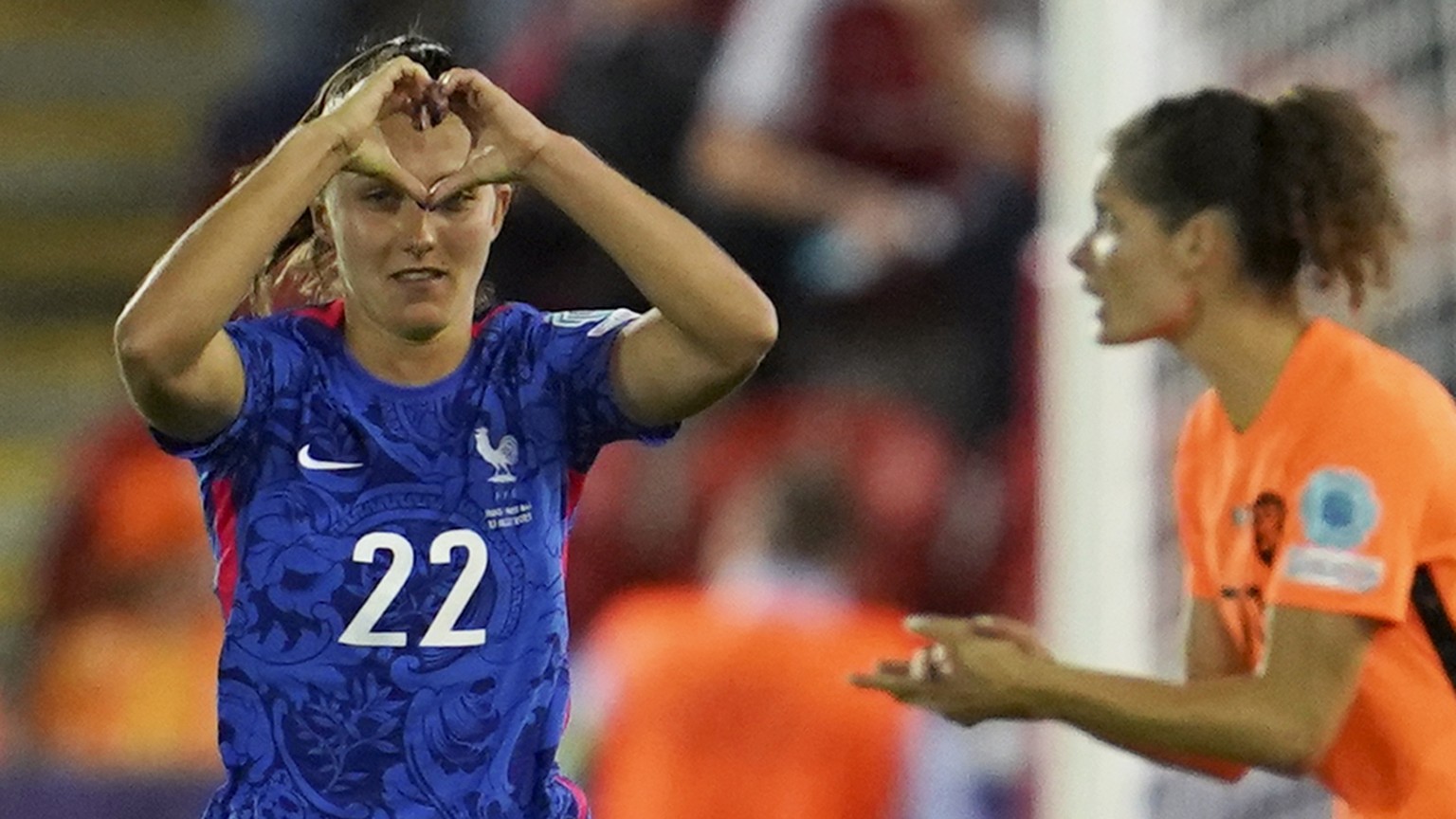 France&#039;s Eve Perisset celebrates after scoring the opening goal from the penalty spot during the Women Euro 2022 quarterfinals soccer match between France and the Netherlands at the New York Stad ...