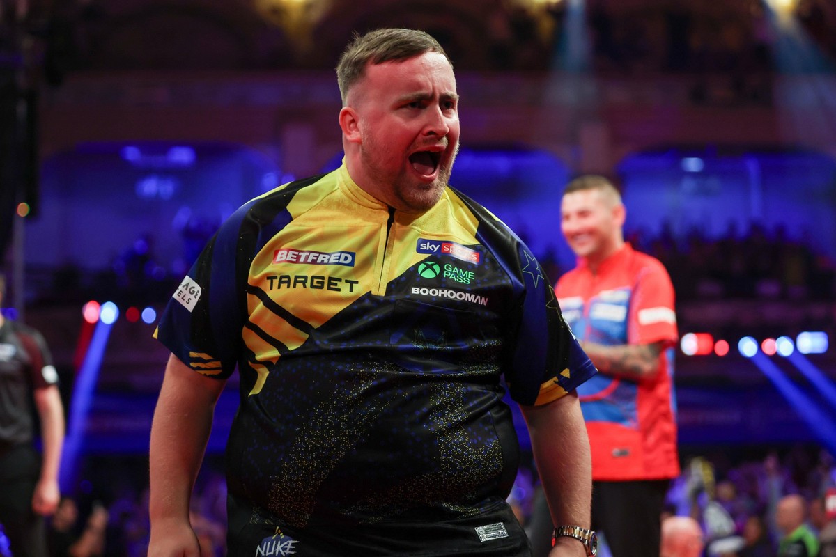RECORD DATE NOT STATED 21st July 2026, Winter Gardens, Blackpool, Lancashire, England 2026 Betfred World Matchplay Darts, Day Four Luke Littler celebrates after hitting a 9 darter in the opening leg i ...