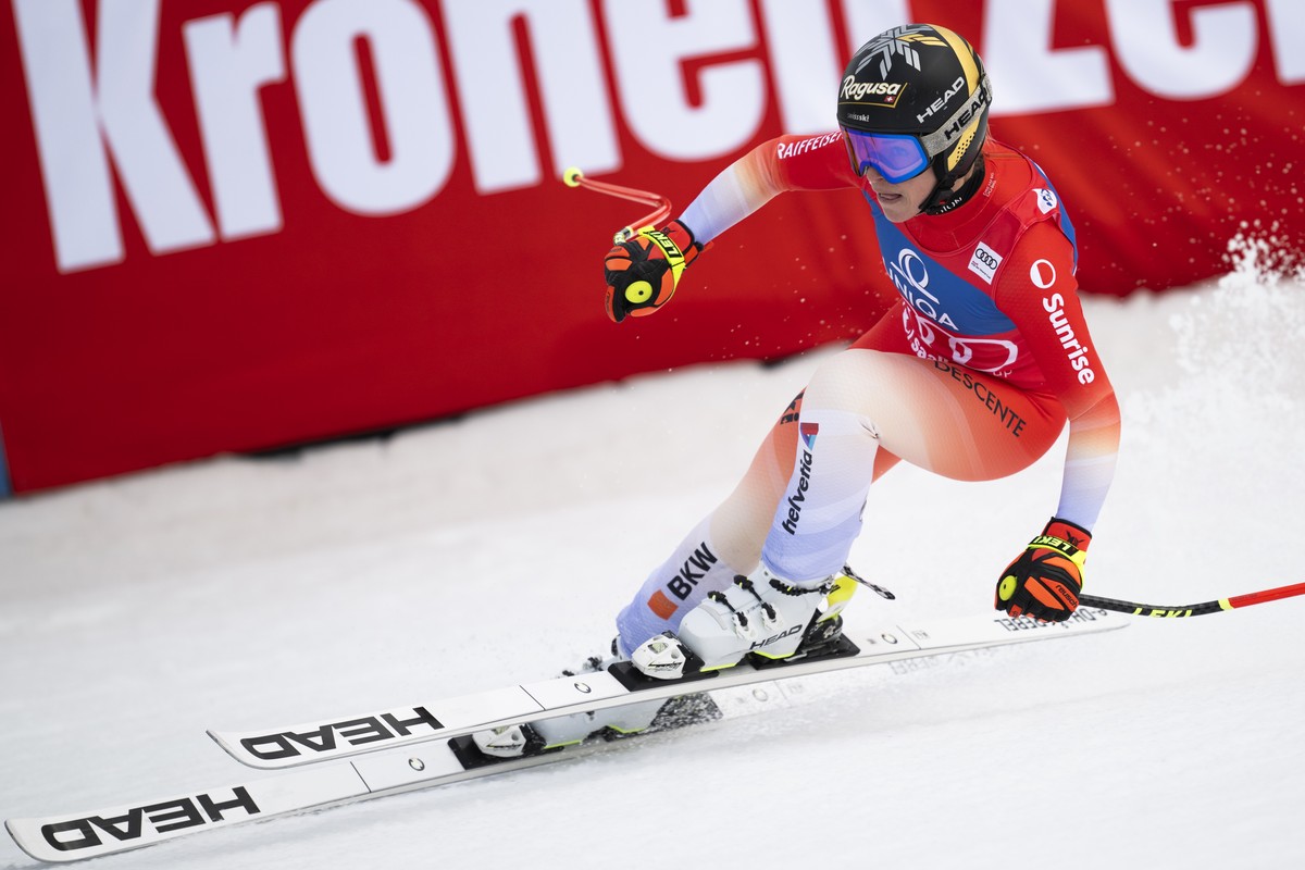 Lara Gut-Behrami reacts during the women's downhill race at the FIS Alpine Skiing World Cup finals in Saalbach-Hinterglemm, Austria, Saturday, March 23, 2024. (KEYSTONE/Gian Ehrenzeller)