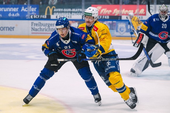 Henrik Borgstroem (HCFG), gauche, lutte pour le puck avec Chris Egli (HCD), droite, lors du match du championnat suisse de hockey sur glace de National League entre le HC Fribourg Gotteron, HCFG, et l ...