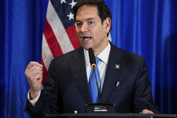 U.S. Secretary of State Marco Rubio gives a joint press conference with Suriname&#039;s President Chan Santokhi in Paramaribo, Suriname, Thursday, March 27, 2025. (Nathan Howard/Pool photo via AP)
Sur ...