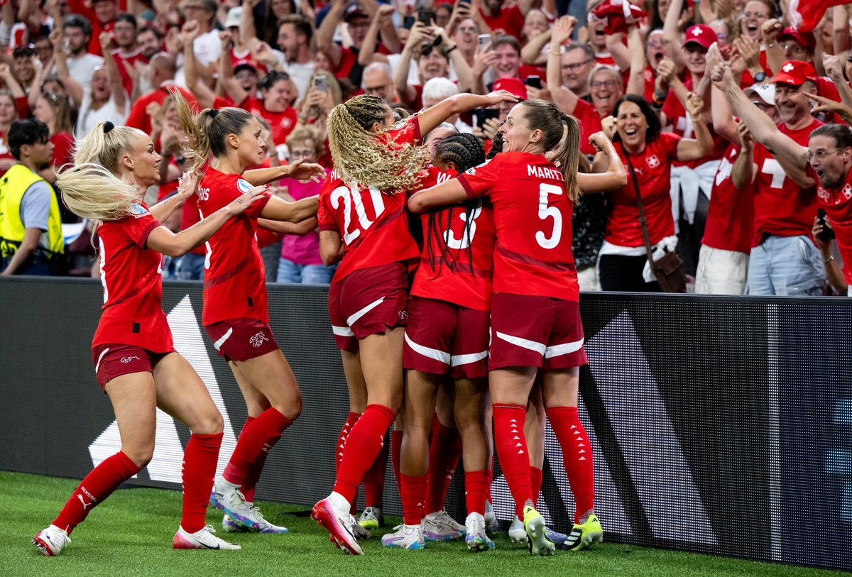 Alisha Lehmann Schweiz, 23, Viola Calligaris Schweiz, 18, Alayah Pilgrim Schweiz, 20, Leila Wandeler Schweiz, 03, Noelle Maritz Schweiz, 05 und Team jubeln ueber das Tor zum 1:1 Ausgleich / Endstand d ...