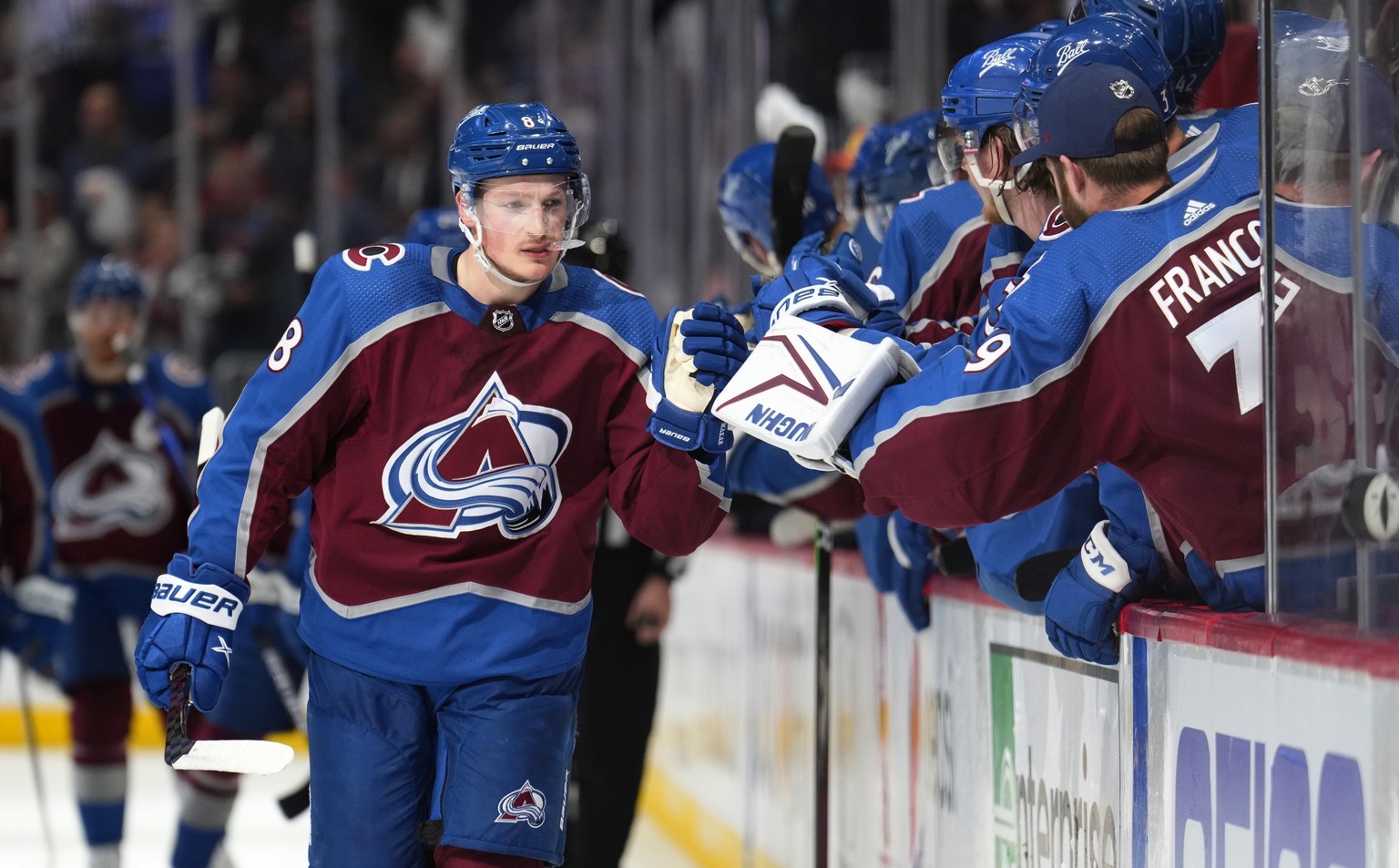 Colorado Avalanche defenseman Cale Makar (8) is congratulated for his goal against the Edmonton Oilers during the first period in Game 1 of the NHL hockey Stanley Cup playoffs Western Conference final ...