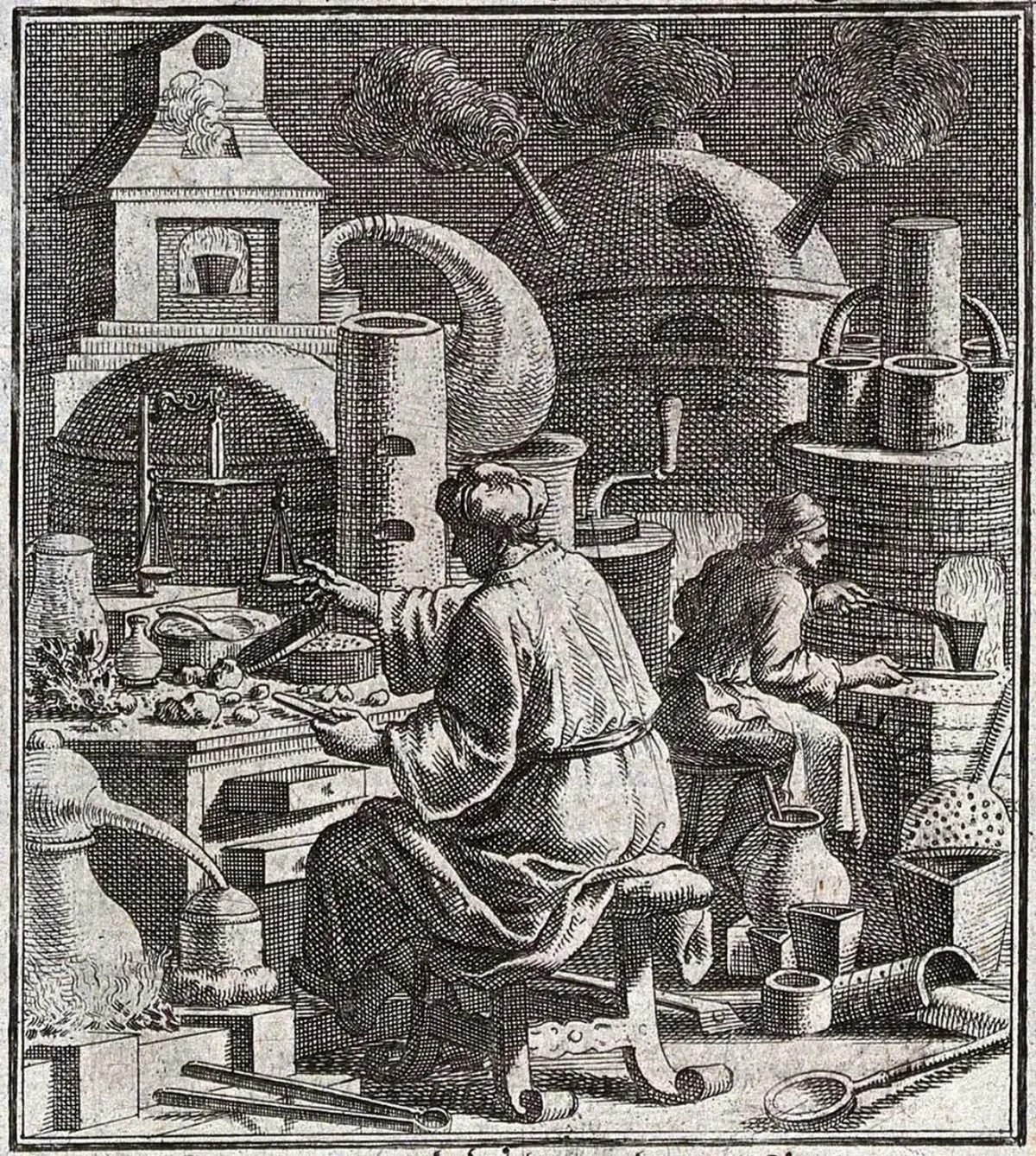 Deux alchimistes tentent de fabriquer de l’or. Gravure de Christoph Weigel, 1698.
https://wellcomecollection.org/works/npdvqya4