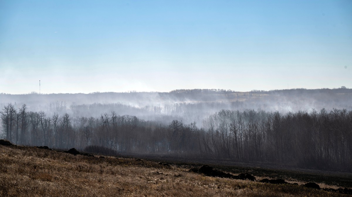 The burn area is seen on CFB Wainwright south of the town Wainwright Alberta, Canada on Sunday, Oct. 18, 2026. (John Ulan/The Canadian Press via AP)
Canada Military Base Fire