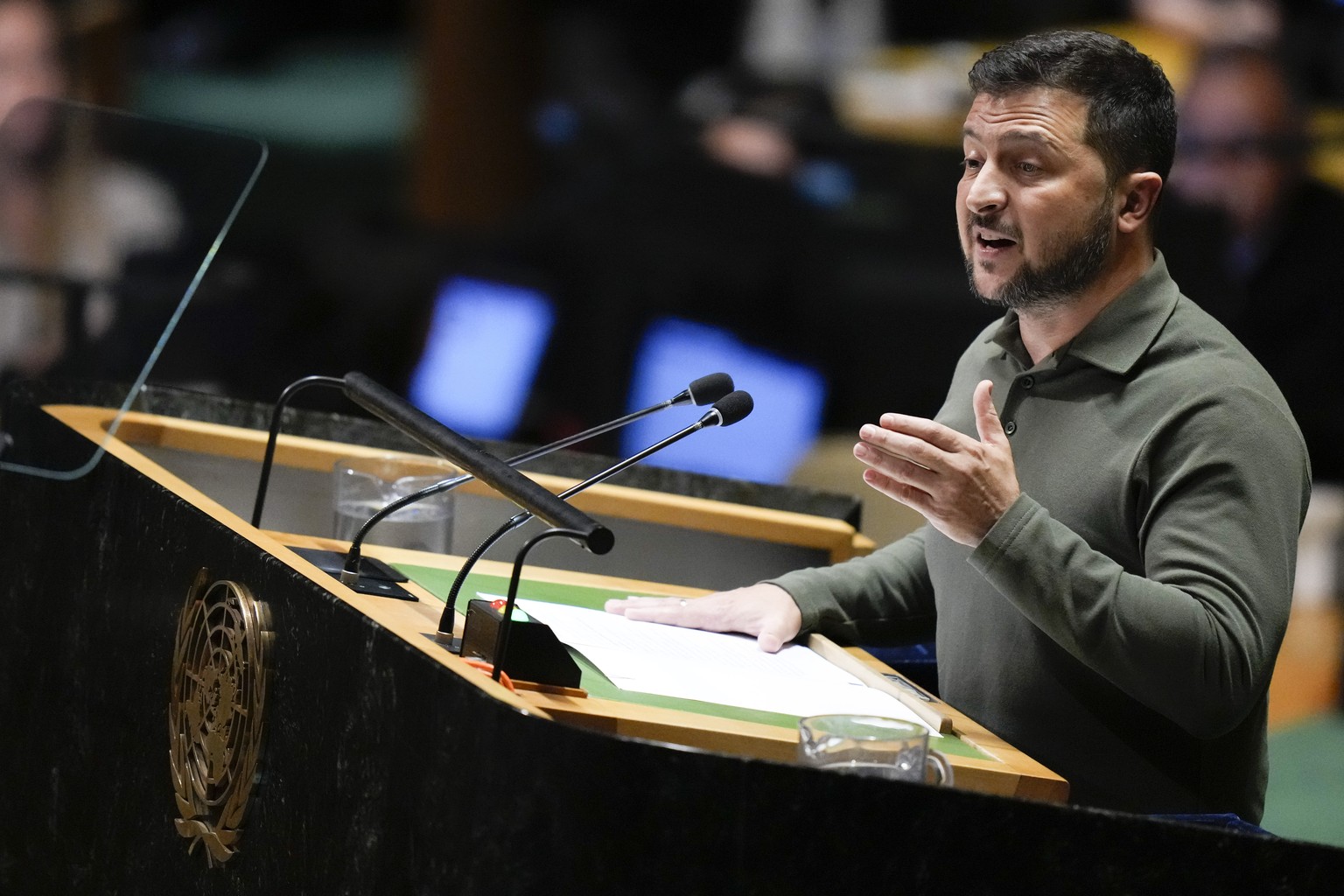 Ukranian President Volodymyr Zelenskyy addresses the 78th session of the United Nations General Assembly, Tuesday, Sept. 19, 2023 at United Nations headquarters. (AP Photo/Mary Altaffer)