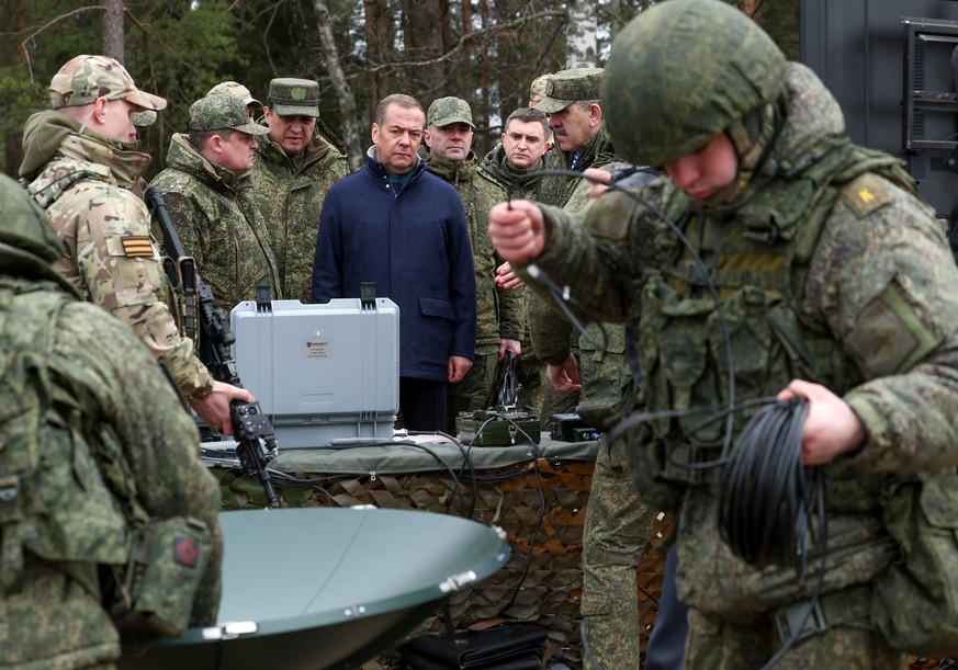 epa12924965 Deputy Chairman of the Russian Security Council Dmitry Medvedev visits a training centre of the Leningrad Military District, near St.Petersburg, Russia, 30 April 2026. EPA/EKATERINA SHTUKI ...