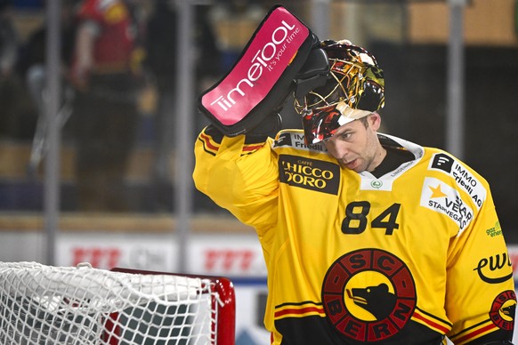 Der Berner Goalie Daniel Manzato im Eishockey-Qualifikationsspiel der National League zwischen dem HC Davos und dem SC Bern am Freitag, 01. Dezember 2023, im Eisstadion in Davos. (KEYSTONE/Juergen Sta ...