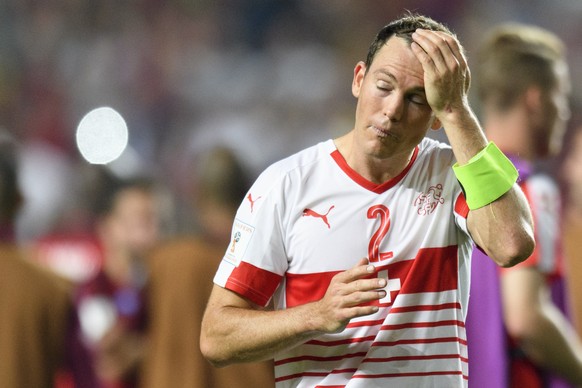 Switzerland&#039;s defender Stephan Lichtsteiner looks disappointed after loosing the 2018 Fifa World Cup Russia group B qualification soccer match between Portugal and Switzerland at the Estadio da L ...