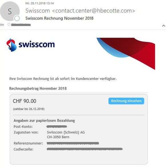 Obacht, diese Rechnung ist nicht von Swisscom, wie man unter anderem an der gefälschten Absender-E-Mail-Adresse erkennt.&nbsp;