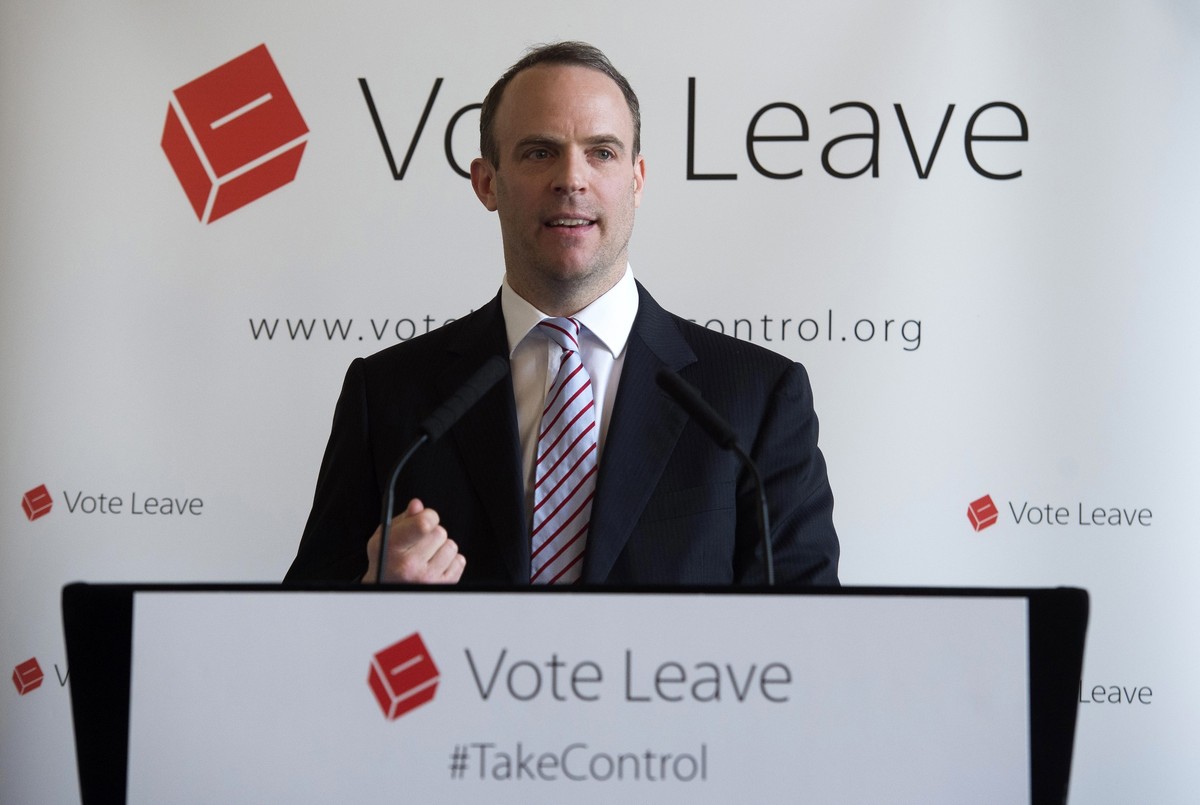epa05236100 Conservative Member of Parliament and Justice Minister Dominic Raab delivers a speech at a 'Vote Leave' event at the Royal Horseguards Hotel, Central London, 30 March 2016. Raab& ...