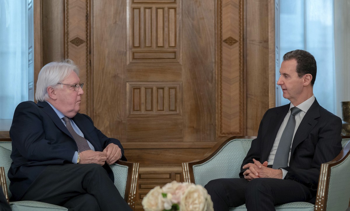 In this photo released on the official Facebook page of the Syrian Presidency, Syrian President Bashar Assad meets with Martin Griffiths, United Nations Under-Secretary-General for Humanitarian Affair ...