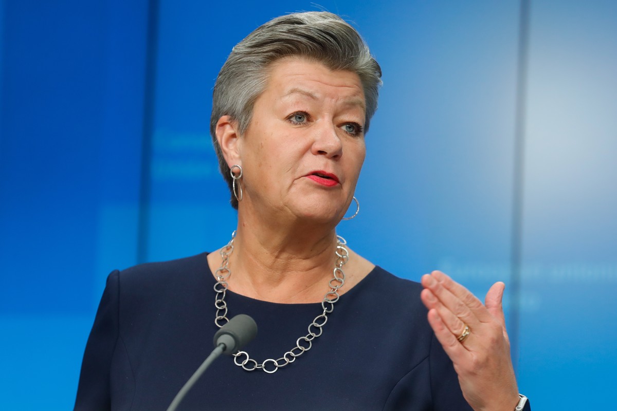 epa09789766 European Commissioner for Home Affairs Ylva Johansson during a joint press conference at the end of a Special Justice and Home Affairs Council on the response to the situation in Ukraine a ...