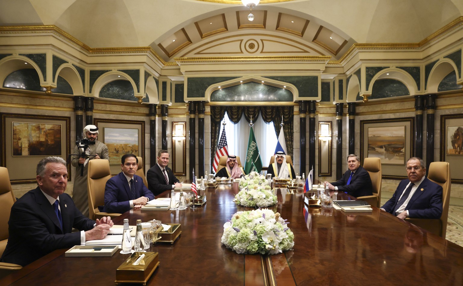 FILE - U.S. Secretary of State Marco Rubio, second left, meets with Saudi Foreign Minister Prince Faisal bin Farhan Al Saud, Saudi National Security Advisor Mosaad bin Mohammad Al-Aiban, U.S. National ...