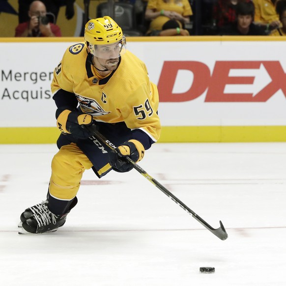 FILE - In this Sept. 21, 2018, file photo, Nashville Predators defenseman Roman Josi plays against the Tampa Bay Lightning during an NHL preseason hockey game Friday, Sept. 21, 2018, in Nashville, Ten ...