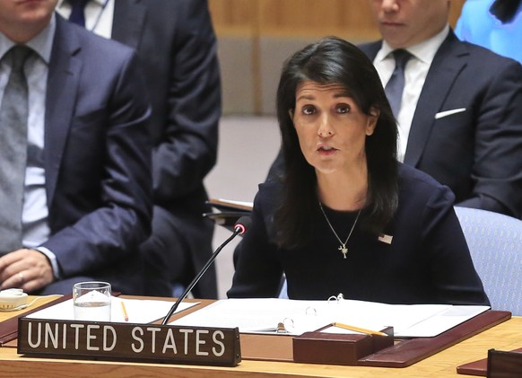 United Nations U.S. Ambassador Nikki Haley addresses a U.N. Security Council meeting on North Korea, Monday Sept. 4, 2017 at U.N. headquarters. (AP Photo/Bebeto Matthews)