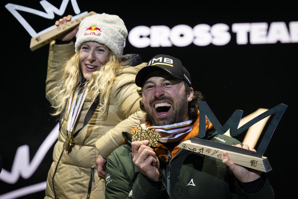 Skicross single and mixed world champions Fanny Smith and Ryan Regez of Switzerland pose at the Champions Celebrations ceremony at the FIS Snowboard, Freestyle and Freeski World Championships on Satur ...