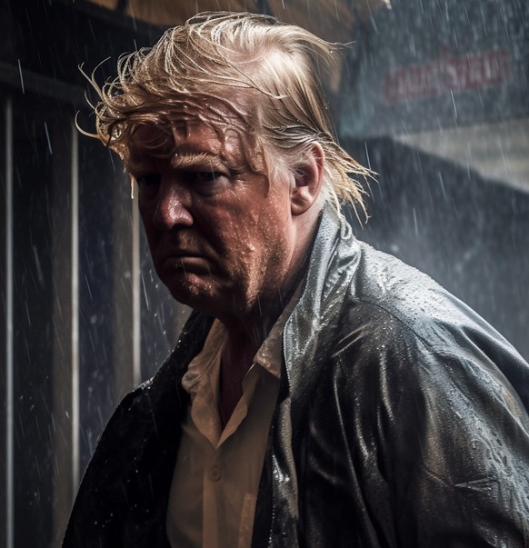 Ebenfalls eine Fälschung: Donald Trump steht im Regen – dank des Bildgenerators Midjourney.