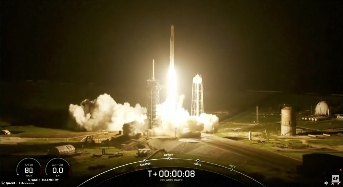 This image made from a SpaceX video shows the launch of the Polaris Dawn mission on a Falcon 9 rocket from the Kennedy Space Center in Florida, Tuesday Sept. 10, 2024. (SpaceX via AP)