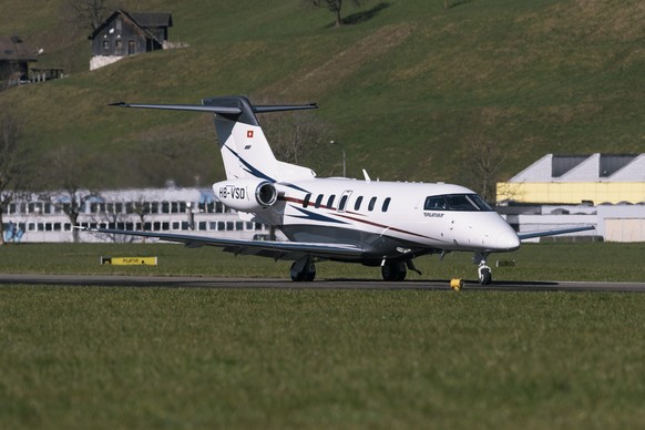 An airplane of the type Pilatus PC-24 lands at the Buochs Airport in the Canton of Nidwalden in Switzerland, pictured on March 8, 2018. After the test flights have been successfully completed, the mod ...