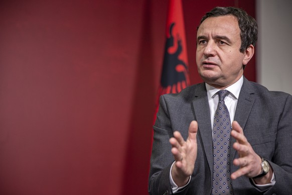 Albin Kurti leader of Vetevendosje (Self-Determination) reacts during an interview with The Associated Press in capital Pristina, Kosovo on Sunday, Feb. 14, 2021. Kosovo&#039;s main opposition Self-De ...